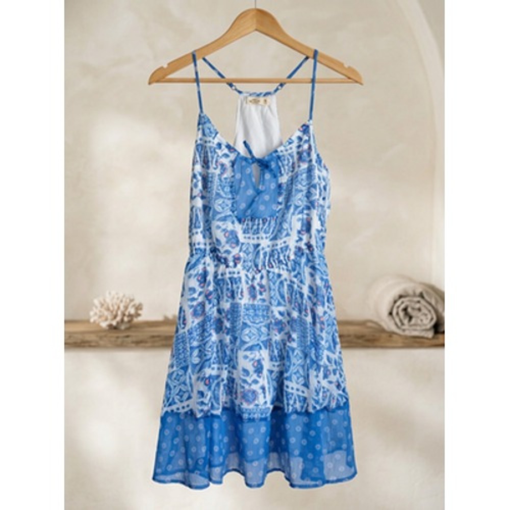 Hollister Sleeveless Mini Dress M Blue White Floral Casual Sundress Coastal